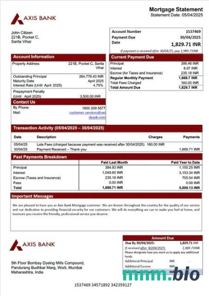 Indie Bank Axis wyciąg z kredytu hipotecznego szablon Word i PDF